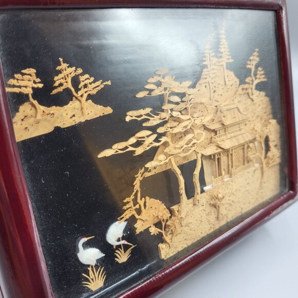 Vintage Chinese Hand Carved Cork Diorama Jewelry Box Red Lining Wood Box SEE - Picture 8 of 16